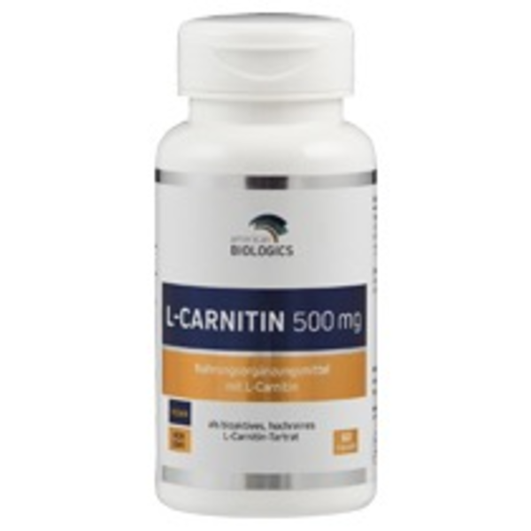 Produktfoto: Ein weißes Plastikfläschchen mit der Aufschrift “L-CARNITIN 500 mg“ von American Biologics. Es ist ein Nahrungsergänzungsmittel, das als vegan und non-GMO gekennzeichnet ist. Enthält 60 Kapseln mit L-Carnitin-Tartrat.