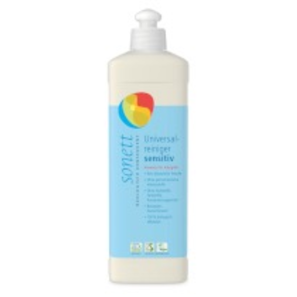 Produktfoto: Das Bild zeigt eine Flasche Sonett Universalreiniger sensitiv. Die Flasche ist hellblau mit einem weißen Verschluss. Auf der Vorderseite stehen Informationen über die Inhaltsstoffe und Eigenschaften des Reinigers, wie “rein pflanzliche Tenside“ und “100% biologisch abbaubar“. Das Produkt ist für Allergiker geeignet.