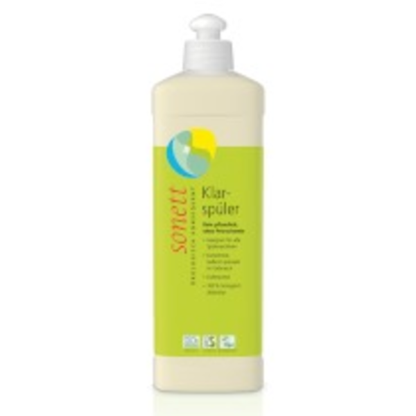 Produktfoto: Eine Flasche Sonett Klarspüler mit grünem Etikett. Die Flasche ist beige und hat einen weißen Verschluss. Auf dem Etikett steht 'Sonett Klarspüler', 'Rein pflanzlich, ohne Petrochemie', 'Geeignet für alle Spülmaschinen', 'Konzentrat, äußerst sparsam im Gebrauch', 'Duftneutral', '100 % biologisch abbaubar'. Es sind auch Logos für ökologische Zertifikate sichtbar.