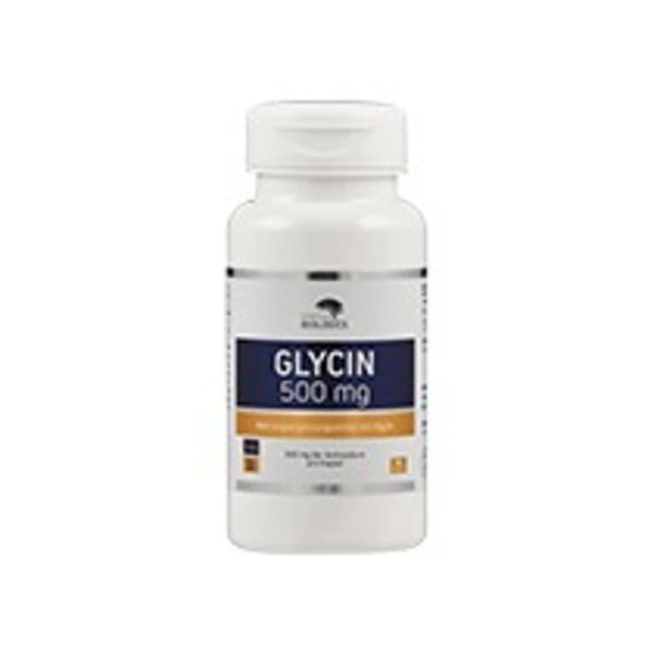 Produktfoto: Eine weiße Plastikflasche mit einem Etikett, das “American Biologics Glycin 500 mg“ zeigt. Die Flasche enthält 90 Kapseln und ist als Nahrungsergänzungsmittel gekennzeichnet. Das Etikett ist blau und orange gefärbt.