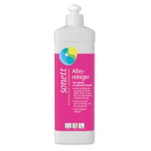Produktfoto: Eine weiße Flasche Sonett Allesreiniger mit pinkem Etikett und farbigem Logo. Text auf dem Etikett beschreibt die Eigenschaften des Reinigers, wie biologisch abbaubar und pflanzliche Tenside. Die Flasche steht auf einem weißen Hintergrund.