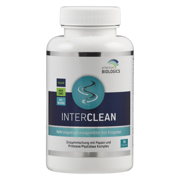 Produktfoto: Eine weiße Flasche mit einem Etikett, das “INTERCLEAN“ von American Biologics zeigt. Das Etikett enthält Informationen wie “Vegan“, “Non GMO“ und “pH-Blend“. Es handelt sich um ein Nahrungsergänzungsmittel mit Enzymen, das 90 Kapseln enthält.
