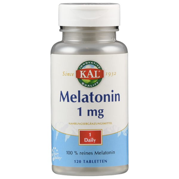 Produktfoto: Eine Flasche mit Melatonin-Tabletten der Marke KAL. Die Flasche ist weiß mit einem blauen Etikett, auf dem “Melatonin 1 mg“ steht. Sie enthält 120 Tabletten und ist ein Nahrungsergänzungsmittel. Das Etikett zeigt auch “100 % reines Melatonin“ und “1 Daily“.