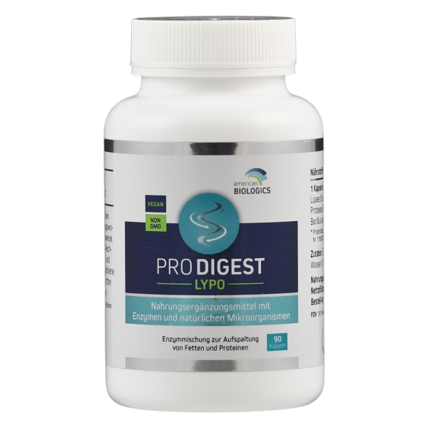 Produktfoto: Das Bild zeigt eine weiße Plastikflasche mit einem Schraubverschluss. Auf dem Etikett steht “PRODIGEST LYPO“ von “American Biologics“. Die Flasche enthält 90 Kapseln eines Nahrungsergänzungsmittels, das Enzyme und Mikroorganismen zur Unterstützung der Verdauung bietet. Das Etikett zeigt auch die Begriffe “VEGAN“ und “NON GMO“.