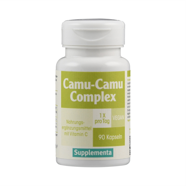 Produktfoto: Eine weiße Plastikflasche mit grünem Etikett, beschriftet mit 'Camu-Camu Complex'. Das Etikett enthält Informationen wie '1x pro Tag', 'VEGAN', '90 Kapseln' und 'Nahrungsergänzungsmittel mit Vitamin C'. Die Marke 'Supplementa' ist unten auf dem Etikett zu sehen.