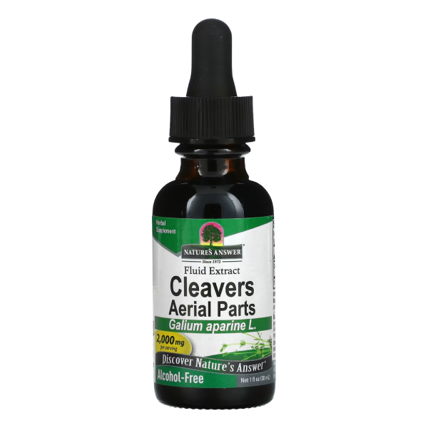 Produktfoto: Eine Flasche mit Pipette, die ein pflanzliches Flüssigextrakt von Cleavers (Galium aparine) enthält. Die Flasche ist dunkel mit einem grünen und weißen Etikett, das den Markennamen 'Nature's Answer' zeigt. Das Produkt ist alkoholfrei und enthält 2000 mg pro Portion.