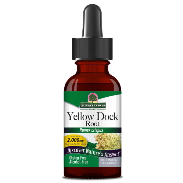 Produktfoto: Das Bild zeigt eine braune Glasflasche mit einer Pipette. Auf dem Etikett steht “Nature's Answer Yellow Dock Root Rumex crispus“. Es wird hervorgehoben, dass das Produkt glutenfrei und alkoholfrei ist und 2.000 mg Yellow Dock pro Portion enthält.