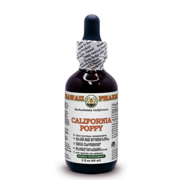 Produktfoto: Eine Flasche mit braunem Inhalt und einem weißen Etikett. Auf dem Etikett steht „California Poppy“ und „Hawaii Pharm“. Die Flasche hat eine Pipette als Verschluss. Es handelt sich um ein pflanzliches Nahrungsergänzungsmittel.