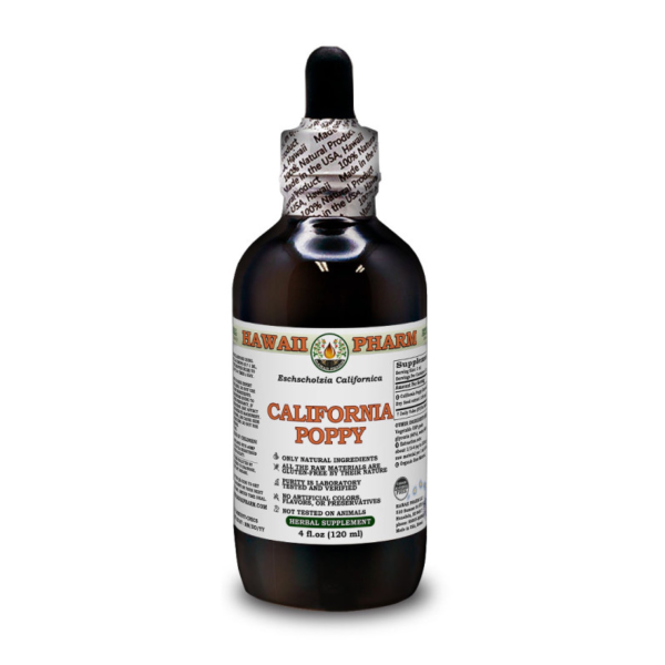 Produktfoto: Das Bild zeigt eine braune Glasflasche mit einem weißen Etikett, auf dem “California Poppy“ steht. Die Flasche hat eine Pipette und stammt von der Marke “Hawaii Pharm“. Sie enthält 120 ml und ist ein pflanzliches Nahrungsergänzungsmittel.