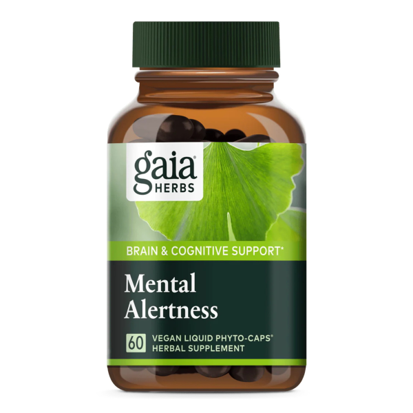 Produktfoto: Das Bild zeigt eine braune Flasche mit einem grünen Schraubverschluss, die mit “gaia HERBS“ beschriftet ist. Auf dem Etikett steht “BRAIN & COGNITIVE SUPPORT“ und “Mental Alertness“. Es enthält 60 vegane Flüssigkapseln als pflanzliches Nahrungsergänzungsmittel.