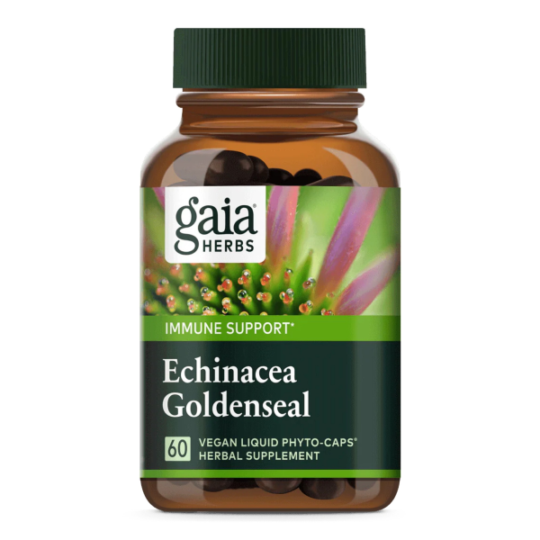 Produktfoto: Eine braune Flasche mit grünem Deckel, die ein Nahrungsergänzungsmittel von Gaia Herbs enthält. Auf dem Etikett steht 'Echinacea Goldenseal', 'Immune Support', und '60 Vegan Liquid Phyto-Caps'.