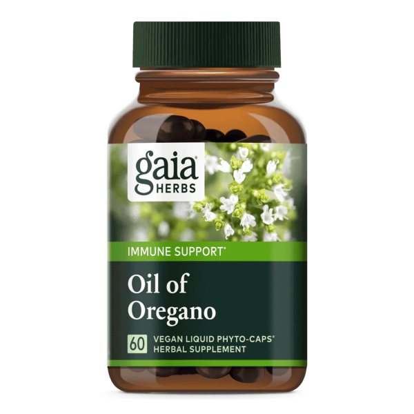 Produktfoto: Das Bild zeigt eine braune Plastikflasche mit einem grünen Deckel, die mit “Gaia Herbs“-Etikett versehen ist. Auf dem Etikett steht “Oil of Oregano“ und “Immune Support“. Die Flasche enthält 60 vegane Flüssigkapseln. Im Hintergrund sind weiße Blüten abgebildet.