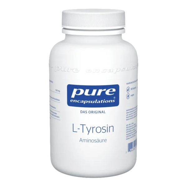 Produktfoto: Eine weiße Plastikdose mit der Aufschrift 'pure encapsulations L-Tyrosin Aminosäure'. Die Dose ist aufrecht stehend auf einem weißen Hintergrund zu sehen. Auf dem Etikett sind weitere Informationen wie 'DAS ORIGINAL', '90 Kapseln', 'vegan' und ein Barcode abgedruckt. Die Schrift ist überwiegend in Blau gehalten.