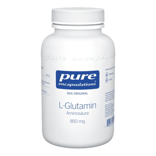 Produktfoto: Eine weiße Plastikdose mit Schraubverschluss, die das Produkt 'L-Glutamin' von 'Pure Encapsulations' enthält. Auf der Vorderseite steht 'Das Original', 'Aminosäure', '850 mg', und es gibt Symbole für 90 Kapseln und vegan. Der Hintergrund ist weiß.