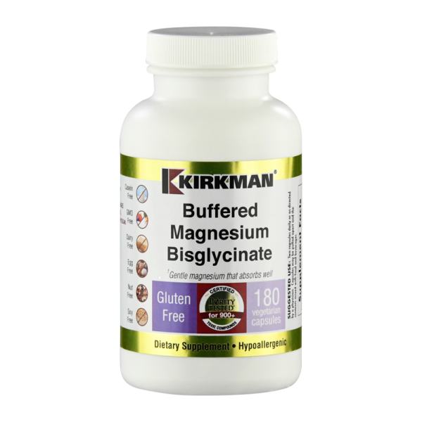 Produktfoto: Eine weiße Plastikflasche mit einem Etikett von Kirkman. Auf dem Etikett steht 'Buffered Magnesium Bisglycinate'. Es ist glutenfrei und hypoallergen. Die Flasche enthält 180 vegetarische Kapseln.