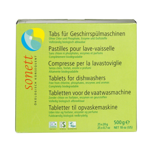 Produktfoto: Die Abbildung zeigt eine Verpackung von Sonett Geschirrspülmaschinentabs. Die Verpackung ist grün mit dem Sonett-Logo links. Auf der Vorderseite sind Informationen in mehreren Sprachen zur biologischen Abbaubarkeit und Inhaltsstoffen wie Enzyme und Duftstoffe angegeben. Die Verpackung enthält 25 Tabs mit einem Gesamtgewicht von 500 g. Unten auf der Verpackung sind verschiedene Umwelt- und Vegan-Siegel zu sehen.