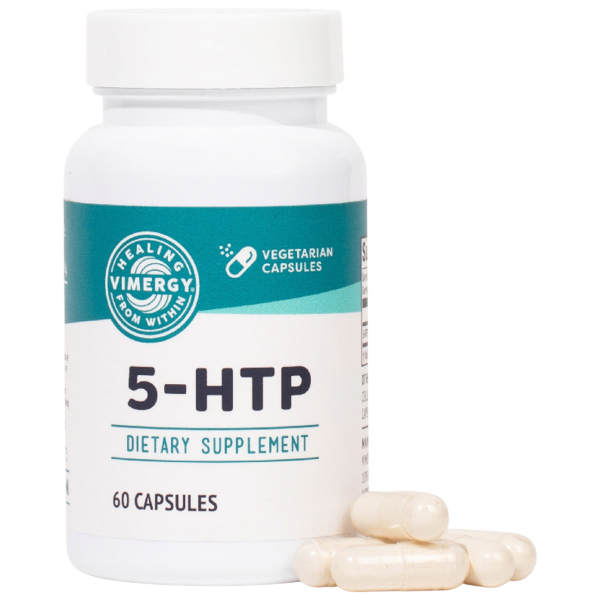 Produktfoto: Das Bild zeigt eine weiße Flasche mit der Aufschrift '5-HTP Dietary Supplement' und '60 Capsules'. Neben der Flasche liegen einige weiße Kapseln. Auf dem Etikett steht 'Vimergy' und 'Vegetarian Capsules'.