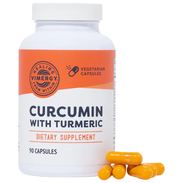 Produktfoto: Weiße Flasche mit orangefarbenem Etikett, “Curcumin with Turmeric“ Nahrungsergänzungsmittel, 90 vegetarische Kapseln.