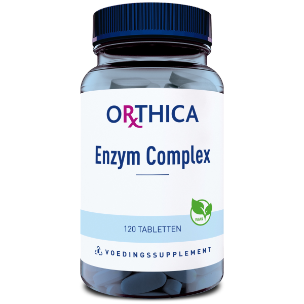 Produktfoto: Ein Glasbehälter mit dunkelblauem Deckel, auf dem das Etikett 'Orthica Enzym Complex' steht. Der Behälter enthält 120 Tabletten und ist als veganes Nahrungsergänzungsmittel gekennzeichnet. Unten steht 'VOEDINGSSUPPLEMENT'.