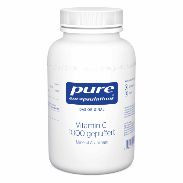 Produktfoto: Das Bild zeigt eine weiße Kunststoffflasche mit einem Schraubverschluss. Auf dem Etikett steht 'pure encapsulations Vitamin C 1000 gepuffert Mineral-Ascorbate'. Die Flasche ist für Nahrungsergänzungsmittel gedacht und enthält Informationen über die Inhaltsstoffe.