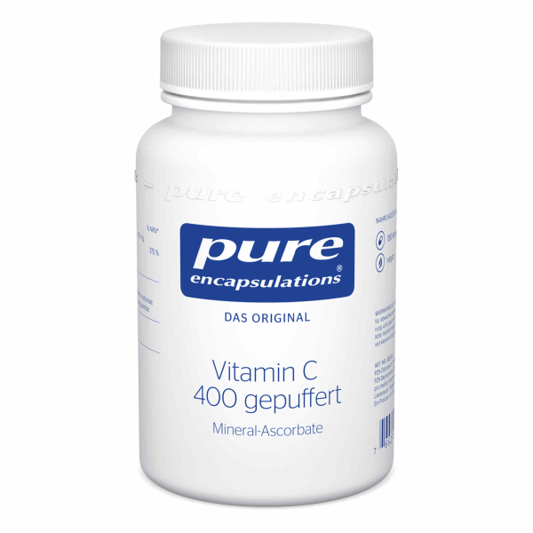 Produktfoto: Das Bild zeigt eine weiße Plastikflasche mit einem Schraubverschluss. Auf dem Etikett steht 'pure encapsulations DAS ORIGINAL Vitamin C 400 gepuffert Mineral-Ascorbate'. Die Flasche ist in einem schlichten, modernen Design gehalten.