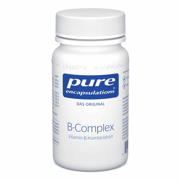 Produktfoto: Das Bild zeigt eine weiße Plastikflasche mit blauem Etikett der Marke Pure Encapsulations. Auf dem Etikett steht 'B-Complex Vitamin-B-Kombination'. Die Flasche hat einen weißen Schraubverschluss. Der Hintergrund ist weiß.