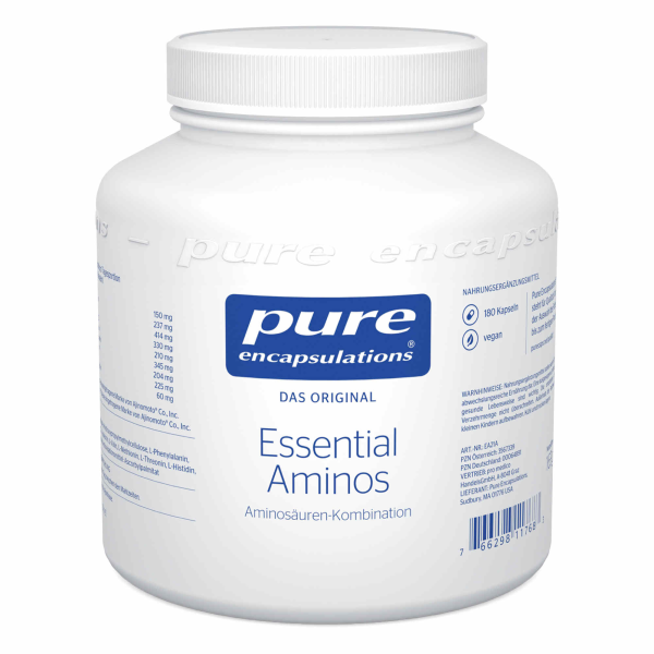 Produktfoto: Ein weißer Behälter der Marke “pure encapsulations“ mit der Aufschrift “Essential Aminos“. Der Behälter enthält 180 vegane Kapseln einer Aminosäuren-Kombination. Auf der Verpackung sind Nährwertangaben und ein Barcode zu sehen. Der Behälter steht aufrecht und ist aus Kunststoff.
