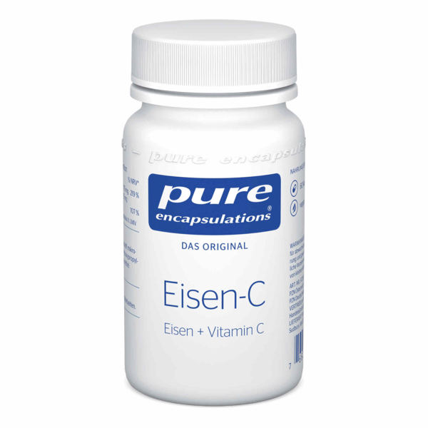 Produktfoto: Eine weiße Plastikflasche mit blauem Etikett der Marke 'pure encapsulations'. Auf der Flasche steht 'Eisen-C' und 'Eisen + Vitamin C'.