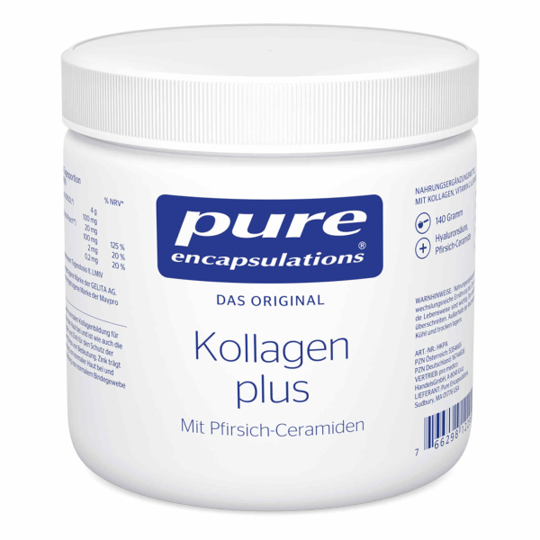 Produktfoto: Eine weiße Plastikdose mit dem blauen Logo “pure encapsulations“ und der Aufschrift “Kollagen plus“. Auf dem Etikett sind außerdem “Das Original“ und “Mit Pfirsich-Ceramiden“ zu lesen. Die Dose enthält 140 Gramm und ist als Nahrungsergänzungsmittel mit Kollagen, Vitamin C und Hyaluronsäure gekennzeichnet. Auf der Seite sind detaillierte Nährwertangaben und Hinweise zur Anwendung abgedruckt.