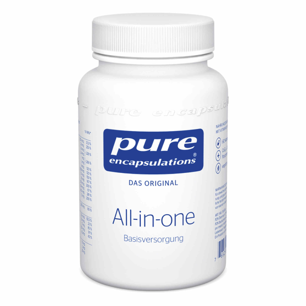 Produktfoto: Die Abbildung zeigt eine weiße Plastikdose mit Schraubverschluss, auf der das Logo 'pure encapsulations' und der Text 'All-in-one Basisversorgung' steht. Die Dose enthält Nahrungsergänzungsmittel und ist schlicht gestaltet, ohne Hintergrund.