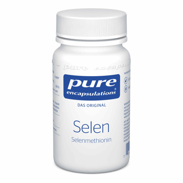 Produktfoto: Das Bild zeigt eine weiße Flasche mit einem blauen Etikett. Auf dem Etikett steht 'pure encapsulations', 'DAS ORIGINAL', 'Selen', und 'Selenmethionin'. Die Flasche hat einen weißen Schraubverschluss und enthält Nahrungsergänzungsmittel. Neben der Produktinformation sind auch Nährwertangaben und Warnhinweise aufgedruckt. Die Flasche steht aufrecht vor einem weißen Hintergrund.