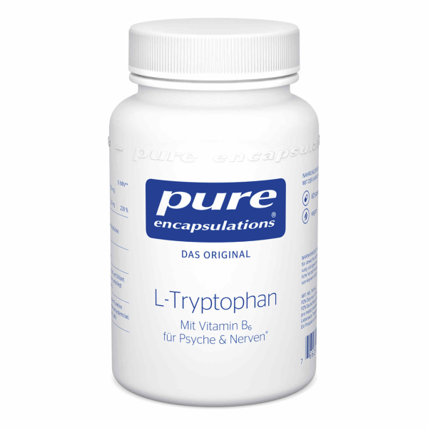 Produktfoto: Ein weißer Behälter mit dem Aufdruck 'pure encapsulations L-Tryptophan'. Enthält Vitamin B6, fördert Psyche und Nerven. Die Verpackung ist schlicht, mit blauem Logo und Text auf weißem Hintergrund.