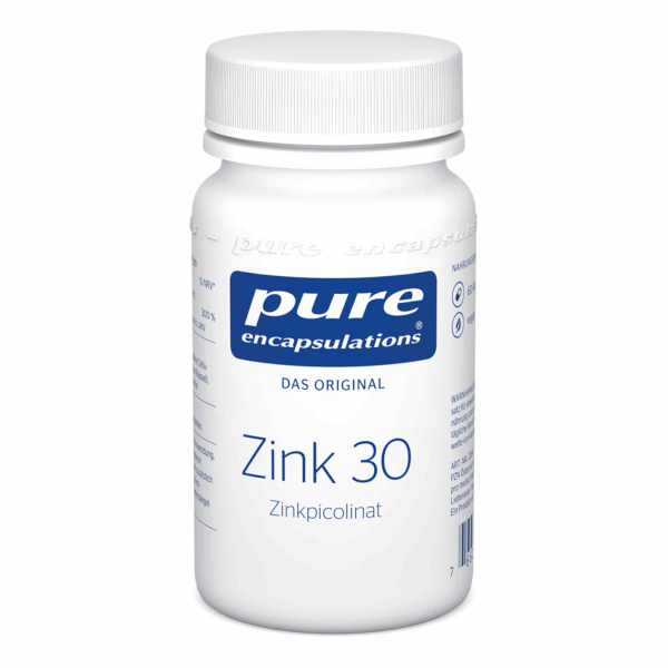 Produktfoto: Das Bild zeigt eine weiße Kunststoffflasche mit Schraubverschluss. Auf dem Etikett steht 'pure encapsulations Zink 30 Zinkpicolinat'. Die Flasche ist weiß mit blauer und schwarzer Schrift. Sie enthält Nahrungsergänzungsmittel.