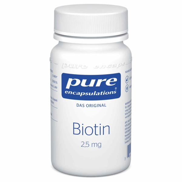 Produktfoto: Ein weißes Plastikbehälter mit Schraubverschluss, auf dem 'pure encapsulations DAS ORIGINAL Biotin 2,5 mg' steht. Das Etikett ist in Blau und Weiß gestaltet. Der Behälter ist auf einem weißen Hintergrund abgebildet.