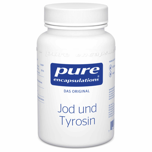 Produktfoto: Ein weißes Kunststoffgefäß mit Schraubdeckel, auf dem Etikett steht 'pure encapsulations DAS ORIGINAL Jod und Tyrosin'.