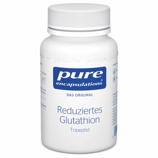 Produktfoto: Eine weiße Plastikflasche mit einem Schraubverschluss. Auf dem Etikett steht „pure encapsulations DAS ORIGINAL Reduziertes Glutathion Tripeptid“. Die Flasche ist auf einem weißen Hintergrund abgebildet.