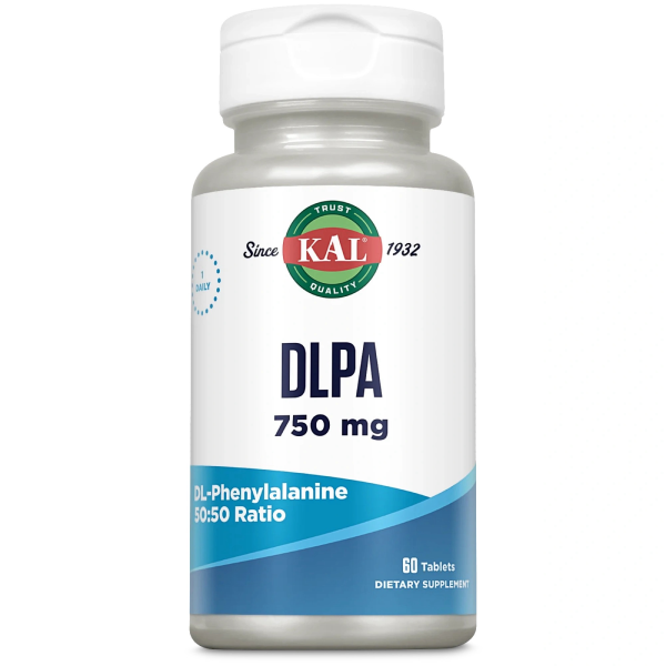 Produktfoto: Eine weiße Plastikflasche mit einem Etikett, auf dem 'KAL DLPA 750 mg' steht. Die Flasche enthält 60 Tabletten DL-Phenylalanin im Verhältnis 50:50. Das Etikett ist in Blau und Weiß gehalten, mit dem KAL-Logo oben mittig.