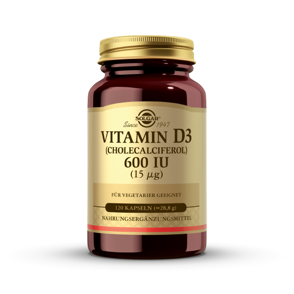 Produktfoto: Eine braune Flasche mit goldenem Deckel, die Solgar Vitamin D3 (Cholecalciferol) 600 IU (15 µg) enthält. Das Etikett zeigt, dass es für Vegetarier geeignet ist und 120 Kapseln (28,8 g) enthält. Die Flasche ist als Nahrungsergänzungsmittel gekennzeichnet.