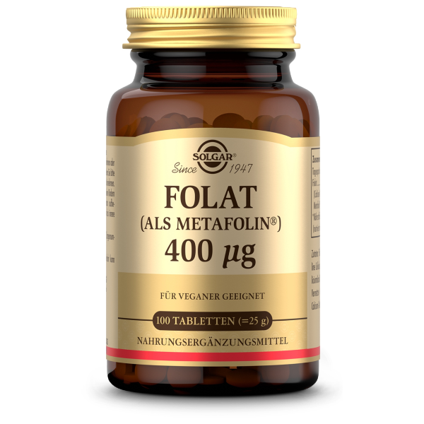 Produktfoto: Ein braunes Glasgefäß mit goldfarbenem Deckel, auf dem Etikett steht 'Solgar Folat (als Metafolin) 400 µg'. Es ist für Veganer geeignet und enthält 100 Tabletten Nahrungsergänzungsmittel. Das Etikett ist beige mit brauner Schrift.