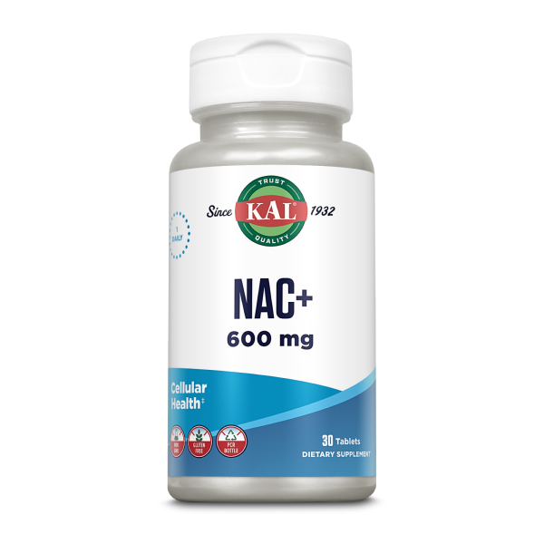 Produktfoto: Das Bild zeigt eine weiße Plastikflasche mit einem Etikett der Marke KAL. Auf dem Etikett steht “NAC+ 600 mg“ und “Cellular Health“. Die Flasche enthält 30 Tabletten und ist für die tägliche Einnahme vorgesehen. Das Etikett ist in Blau und Weiß gehalten und zeigt Symbole, die darauf hinweisen, dass das Produkt vegan und glutenfrei ist.