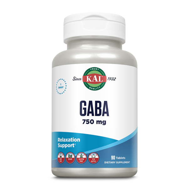 Produktfoto: Weiße Flasche mit KAL-Logo, enthält GABA 750 mg, 90 Tabletten, unterstützt Entspannung, vegan, glutenfrei, in PCR-Flasche.