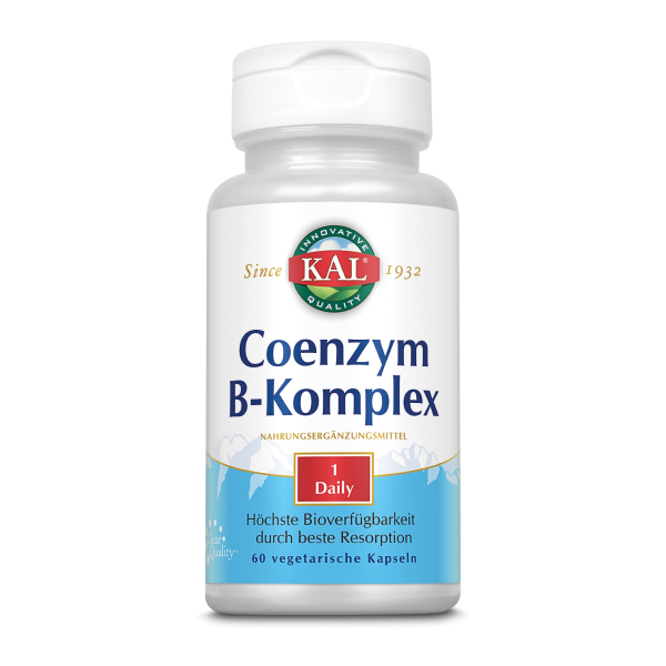 Produktfoto: Eine weiße Plastikflasche mit einem Etikett der Marke KAL, das Coenzym B-Komplex Nahrungsergänzungsmittel beschreibt. Das Etikett ist weiß mit blauer Schrift und zeigt das Logo der Marke oben. Es enthält 60 vegetarische Kapseln.