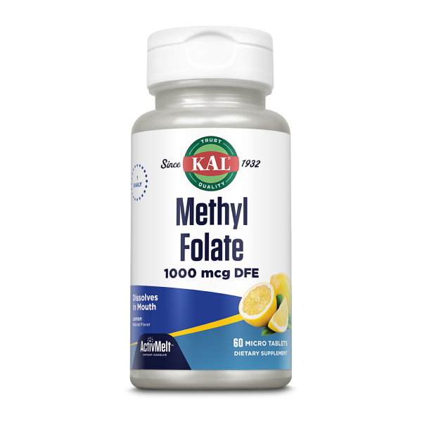 Produktfoto: Eine Flasche KAL Methyl Folate 1000 mcg DFE, 60 Mikrotabletten, Zitronengeschmack.