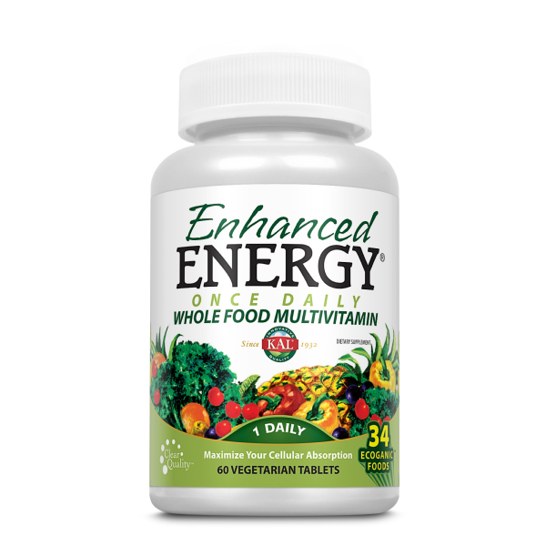 Produktfoto: Eine weiße Plastikflasche mit der Aufschrift 'Enhanced Energy Once Daily Whole Food Multivitamin'. Die Flasche zeigt bunte Gemüseabbildungen und enthält 60 vegetarische Tabletten. Die Marke 'KAL' ist prominent auf dem Etikett platziert.