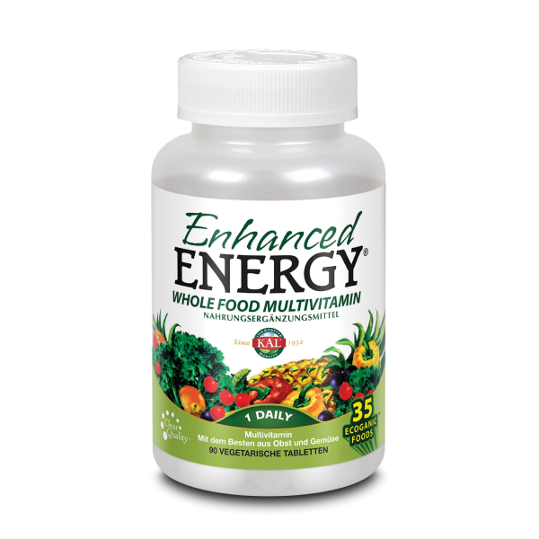 Produktfoto: Eine weiße Plastikflasche mit der Aufschrift 'Enhanced Energy Whole Food Multivitamin'. Die Flasche zeigt Bilder von Gemüse und Obst und enthält 90 vegetarische Tabletten. Auf dem Etikett steht '1 Daily' und '35 EcoGanic Foods'.