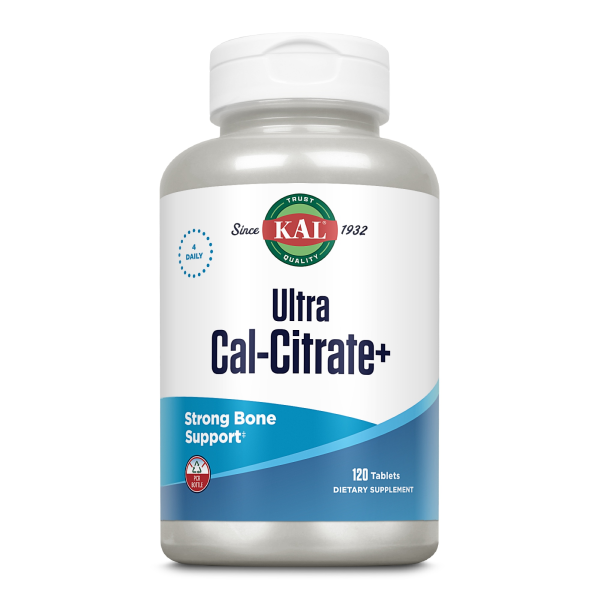 Produktfoto: Das Bild zeigt eine weiße Plastikflasche mit einem grauen Deckel. Auf der Flasche befindet sich ein Etikett mit der Aufschrift 'KAL Ultra Cal-Citrate+', das für die Unterstützung starker Knochen wirbt. Es ist für den täglichen Gebrauch vorgesehen und enthält 120 Tabletten. Das Etikett ist in Blau- und Weißtönen gehalten, und das KAL-Logo ist prominent platziert.