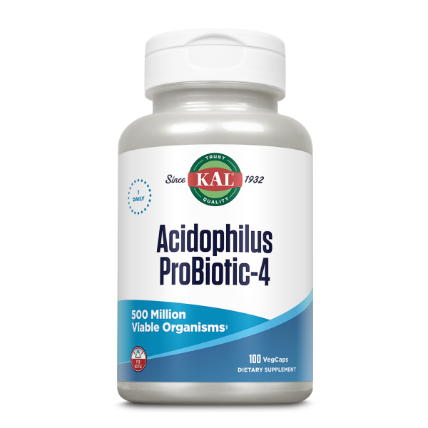 Produktfoto: Weiße Flasche mit KAL-Logo, “Acidophilus ProBiotic-4“, 500 Millionen Organismen, 100 VegCaps, Nahrungsergänzungsmittel.