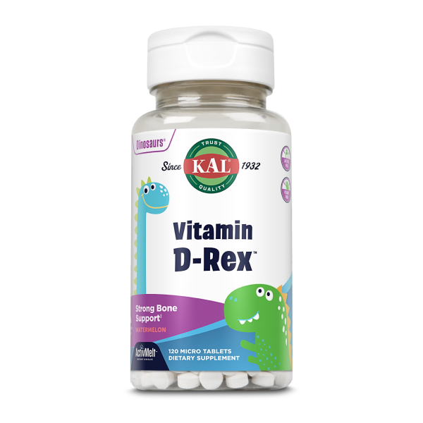 Produktfoto: Eine Flasche mit Nahrungsergänzungsmitteln namens “Vitamin D-Rex“ von der Marke KAL. Auf dem Etikett sind zwei cartoonartige Dinosaurier abgebildet, einer blau und einer grün. Die Flasche enthält 120 Mikrotabletten mit Wassermelonengeschmack zur Unterstützung der Knochengesundheit. Das Etikett weist auch auf die “ActivMelt“-Technologie hin.