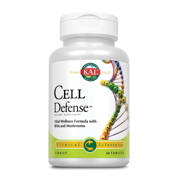 Produktfoto: Eine weiße Plastikflasche mit der Aufschrift 'Cell Defense', einem Nahrungsergänzungsmittel von KAL. Auf dem Etikett steht 'Vital Wellness Formula with RNA and Mushrooms'. Die Flasche enthält 60 Tabletten und ist für die tägliche Einnahme von 3 Tabletten vorgesehen. Das Etikett zeigt eine grafische Darstellung einer DNA-Helix.