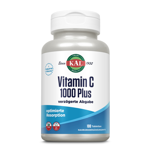 Produktfoto: Eine weiße Plastikflasche mit einem Etikett, das “KAL Vitamin C 1000 Plus verzögerte Abgabe“ anzeigt. Das Etikett ist in Blau und Weiß gehalten. Auf der Flasche steht “optimierte Resorption“ und “100 Tabletten“. Die Marke “KAL“ ist oben auf dem Etikett zu sehen.